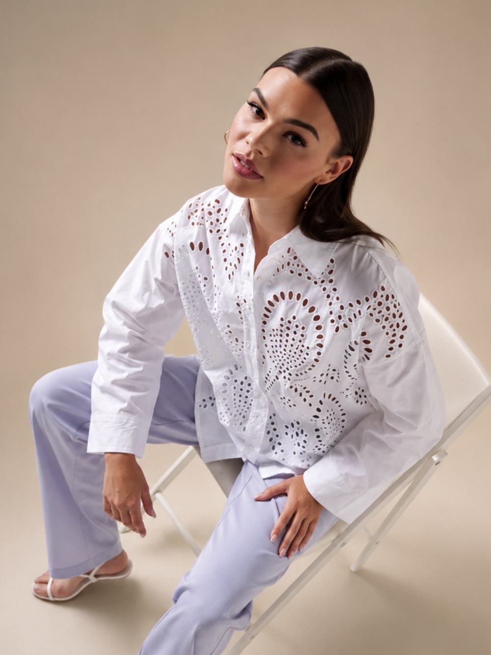 Zara white eyelet button down shirt blouse top long sleeve collar